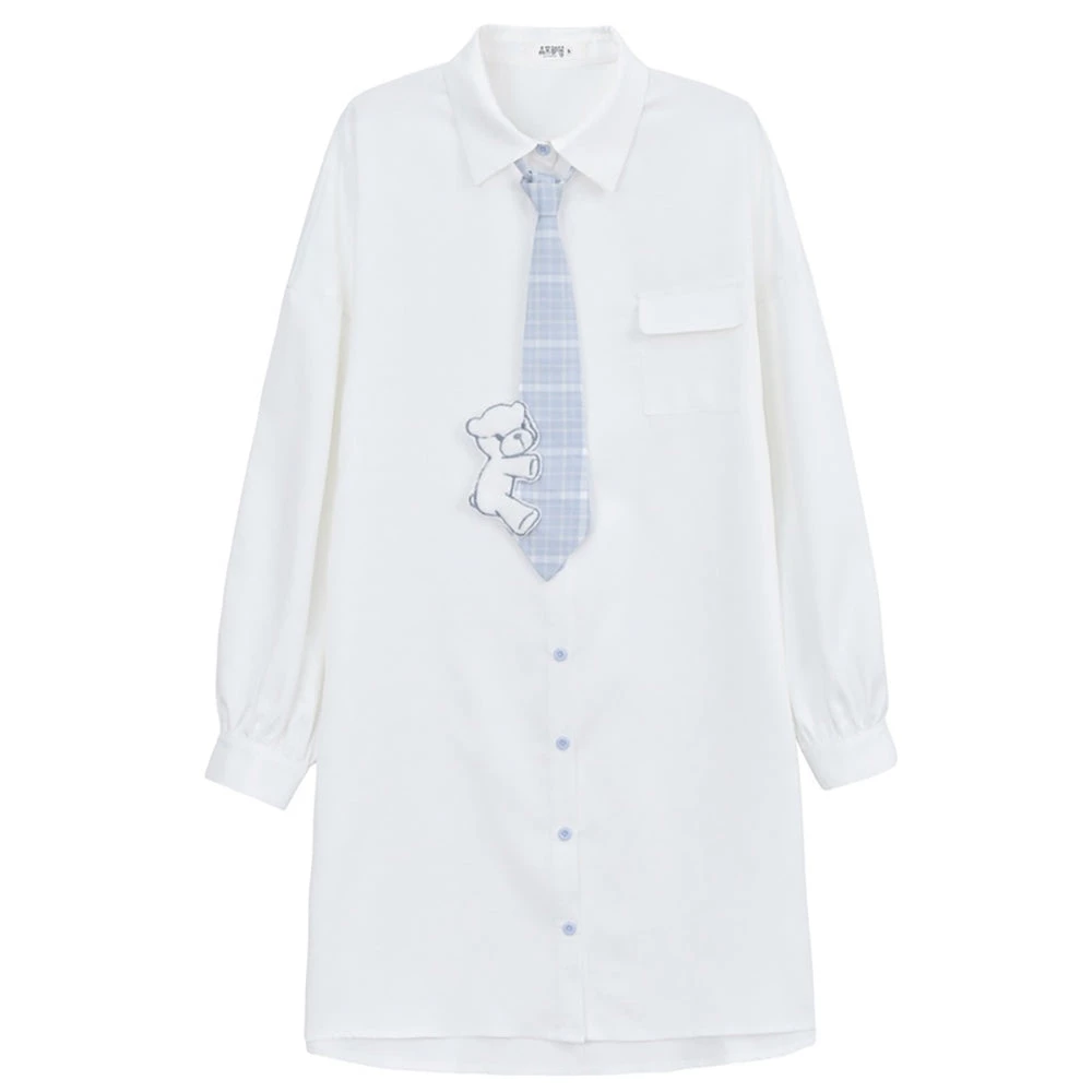 Juwas Kawaii Bear White Long Sleeve Polo Shirt Dress 9 Juwas Kawaii Bear White Long Sleeve Polo Shirt Dress