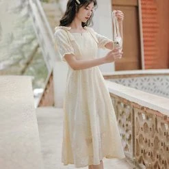 Juwas NEW ARRIVAL French Vintage Square Neck Bowknot Dress