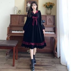 Juwas Bowknot Velvet Ruffle Midi Dress