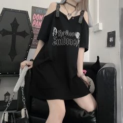 Juwas Gothic Letters Rose Print Off-The-Shoulder Long T-shirt NEW ARRIVAL