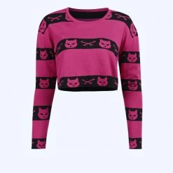 Juwas Gothic Cat Black Pink Knitted Sweater Top CLOTHING