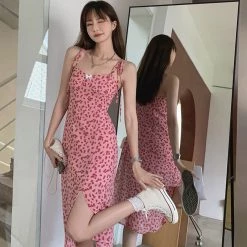 Juwas Pink Leopard Spaghetti Maxi Dress