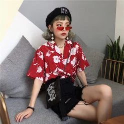 Juwas Vintage Flowers Print Button Up Loose Shirt