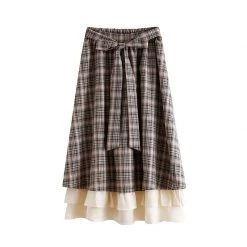 Juwas CLOTHING Vintage Plaid Tie-Up Belt Midi Long Skirt