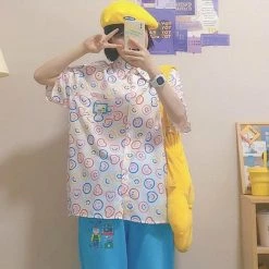 Juwas NEW ARRIVAL Vintage Smile Print Loose Short Sleeve Shirt 12 Juwas NEW ARRIVAL Vintage Smile Print Loose Short Sleeve Shirt