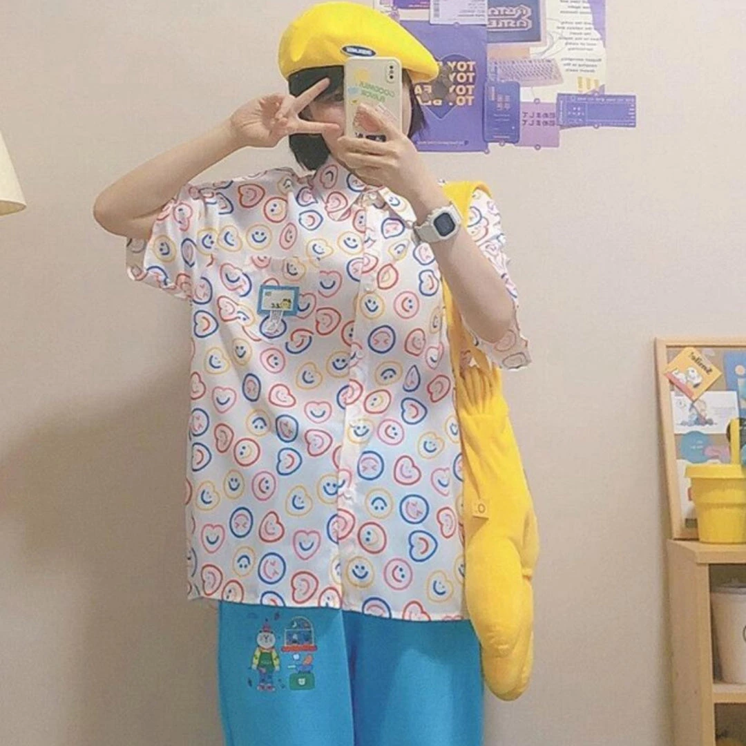 Juwas NEW ARRIVAL Vintage Smile Print Loose Short Sleeve Shirt 6 Juwas NEW ARRIVAL Vintage Smile Print Loose Short Sleeve Shirt