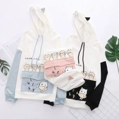 Juwas Cartoon Cat Japanese Letter Print Hoodie