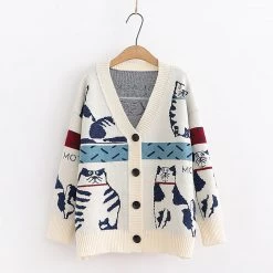 Juwas Cartoon Kitty Loose Cardigan Sweater