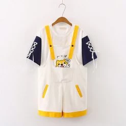 Juwas Japanese Shiba Inu Overalls And Cat T-Shirt