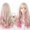 Juwas Fashion & Beauty Blonde Pink Highlights Curly Bangs Long Wigs