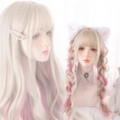 Juwas Fashion & Beauty Blonde Pink Highlights Curly Bangs Long Wigs