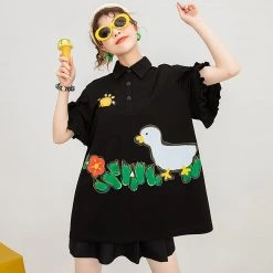 Juwas Flower Duck Print Loose T-shirt CLOTHING