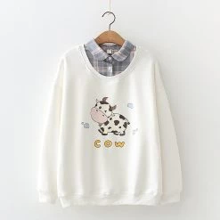 Juwas CLOTHING Cartoon Cow Print Fake Two Piece Sweatshirt
