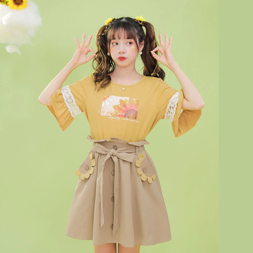 Juwas Sunflower Ruffled T-Shirt And Khaki Skirt NEW ARRIVAL 3 Juwas Sunflower Ruffled T-Shirt And Khaki Skirt NEW ARRIVAL