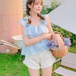 Juwas Blue Flower Polka Dot Ruffle Sleeveless Blouse