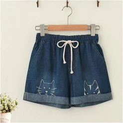 Juwas Japanese Letter Cats Print T-shirt Denim Short Set NEW ARRIVAL