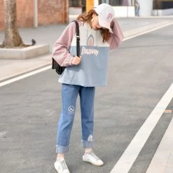 Juwas Kawaii “Stop” Embroidered Denim Mom Jeans