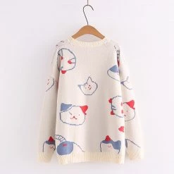 Juwas Kitty Print Round Collar Loose Sweater NEW ARRIVAL