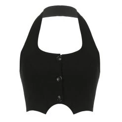 Juwas Retro Black Button Up Halter Crop Top NEW ARRIVAL