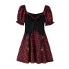 Juwas Vintage Red Plaid Vest Puff Sleeve Mini Dress NEW ARRIVAL