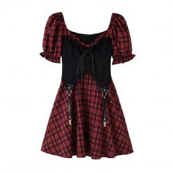 Juwas Vintage Red Plaid Vest Puff Sleeve Mini Dress NEW ARRIVAL