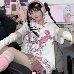 Juwas Anime Sad Mecha Girl Graphic Loose Tee Shirt NEW ARRIVAL