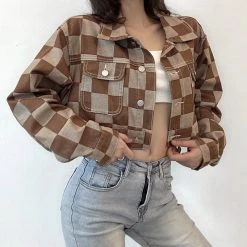 Juwas NEW ARRIVAL Vintage Checked Pattern Short Denim Coat