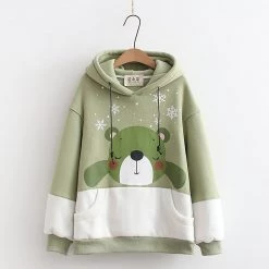 Juwas Cute Bear Snowflake Print Pocket Hoodie CLOTHING