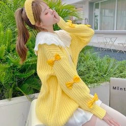 Juwas Yellow Knitted Ribbon Sleeve Collared Sweater NEW ARRIVAL