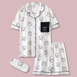 Juwas CLOTHING White Rabbit Prints Pajama Nightwear Set