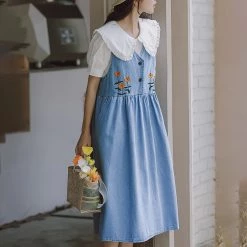 Juwas NEW ARRIVAL Japanese Doll Collar Floral Embroidery Loose Denim Dress