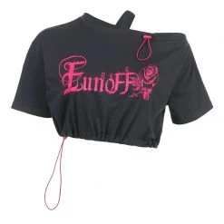 Juwas Rose Letters Print Off Shoulder Short T-shirt