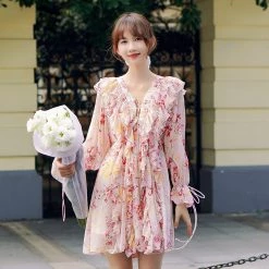 Juwas CLOTHING Pink Floral Ruffle Chiffon Mini Dress