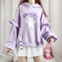Juwas NEW ARRIVAL Angel Cat Purple Ruffle Sleeves Hoodie