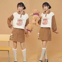Juwas Cartoon Bear Print Button Collar Sweatshirt Skirt CLOTHING