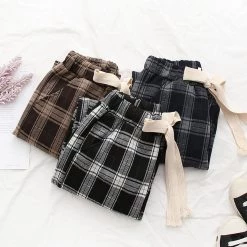 Juwas Plaid Elastic Waist Loose Pants