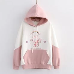 Juwas Rainbow Rabbit Print Pocket Warm Hoodie CLOTHING