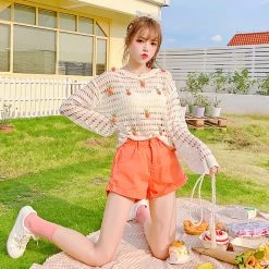 Juwas NEW ARRIVAL Strawberry Mesh Hole Loose Sweater Blouse