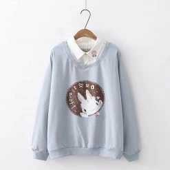 Juwas Rabbit Japanese Letter Print Fake Two-Piece Hoodie CLOTHING