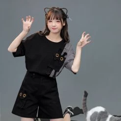 Juwas NEW ARRIVAL Two-Tone Black Cat Patchwork Loose T-Shirt Short