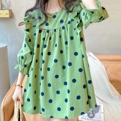 Juwas Vintage Polka Dots Green Loose Cotton Shirt NEW ARRIVAL