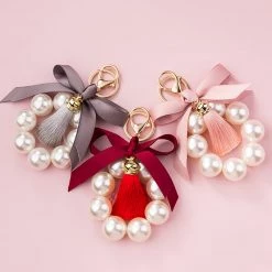 Juwas Chic Pearl Tassel Ribbon Keychain