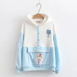 Juwas Cute Kitty Print Button Pocket Warm Hoodie CLOTHING