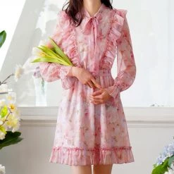 Juwas CLOTHING Vintage Floral Ruffle Chiffon Dress