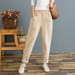 Juwas Pure Color Corduroy Elastic Waist Pants CLOTHING