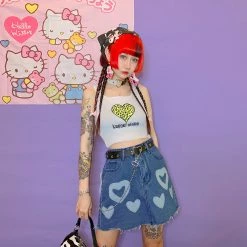 Juwas Heart Prints Tattered High Waist Denim Skirt NEW ARRIVAL