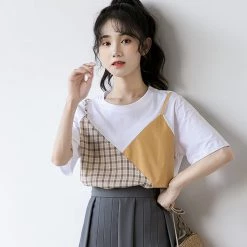 Juwas Plaid Color Block Round Collar T-shirt