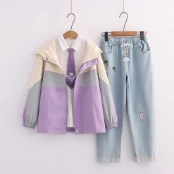 Juwas Cartoon Embroidery Coat Tie Shirt Denim Pants