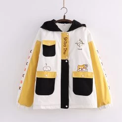 Juwas Cartoon Shiba Inu Print Color Block Pocket Hoodie CLOTHING