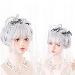 Juwas Lolita Gray White Bang Long Curly Wig